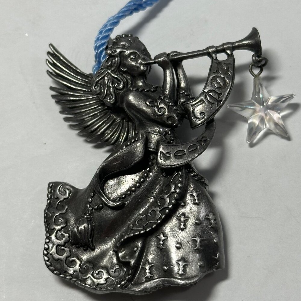 Vintage Avon Pewter Angel Ornament With Trumpet & Crystal Hanging Star Christmas - Picture 9 of 12
